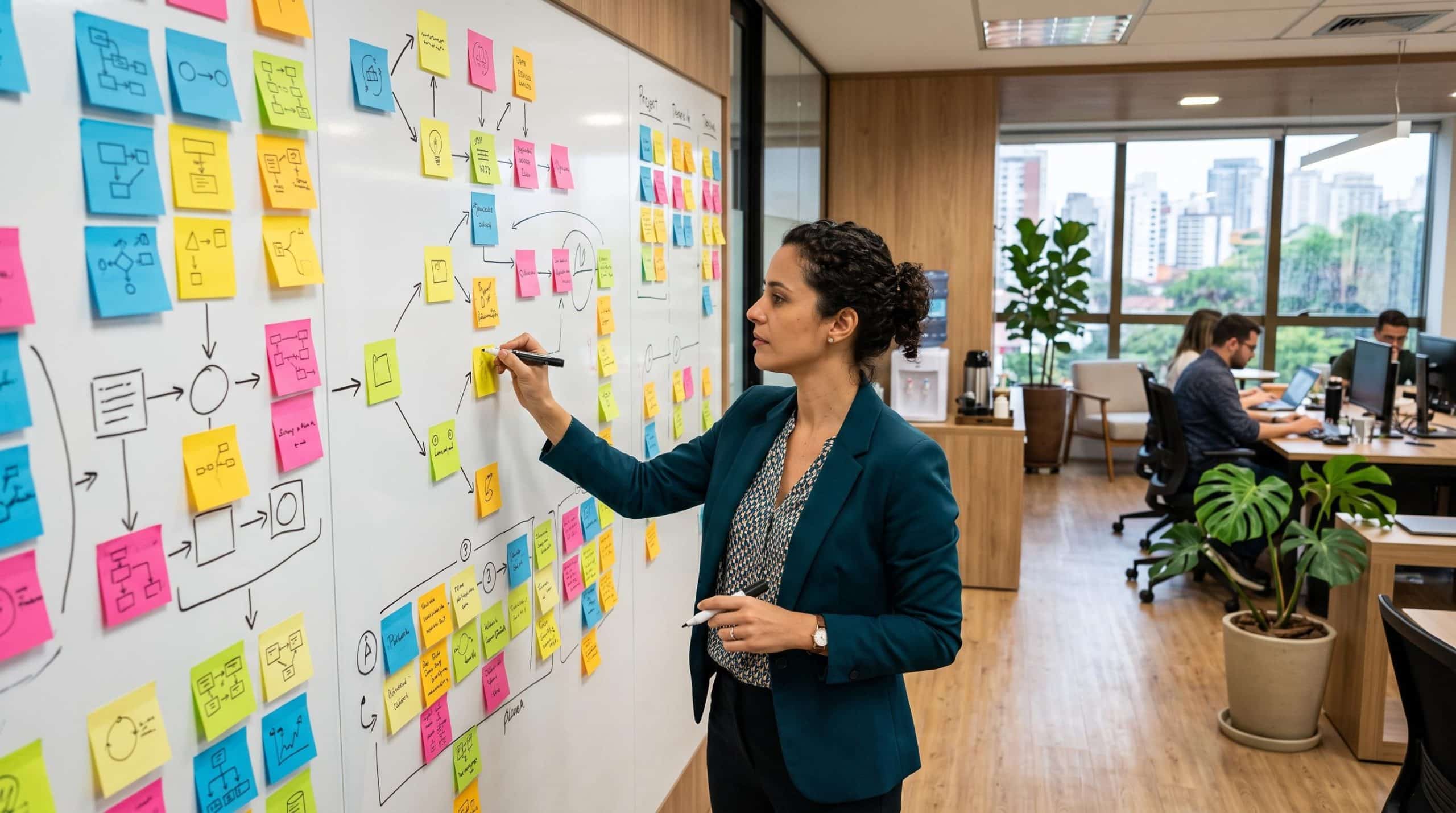 Gestora organizando fluxos de trabalho em quadro branco com post-its coloridos e diagramas de processos, em um escritório brasileiro limpo e funcional