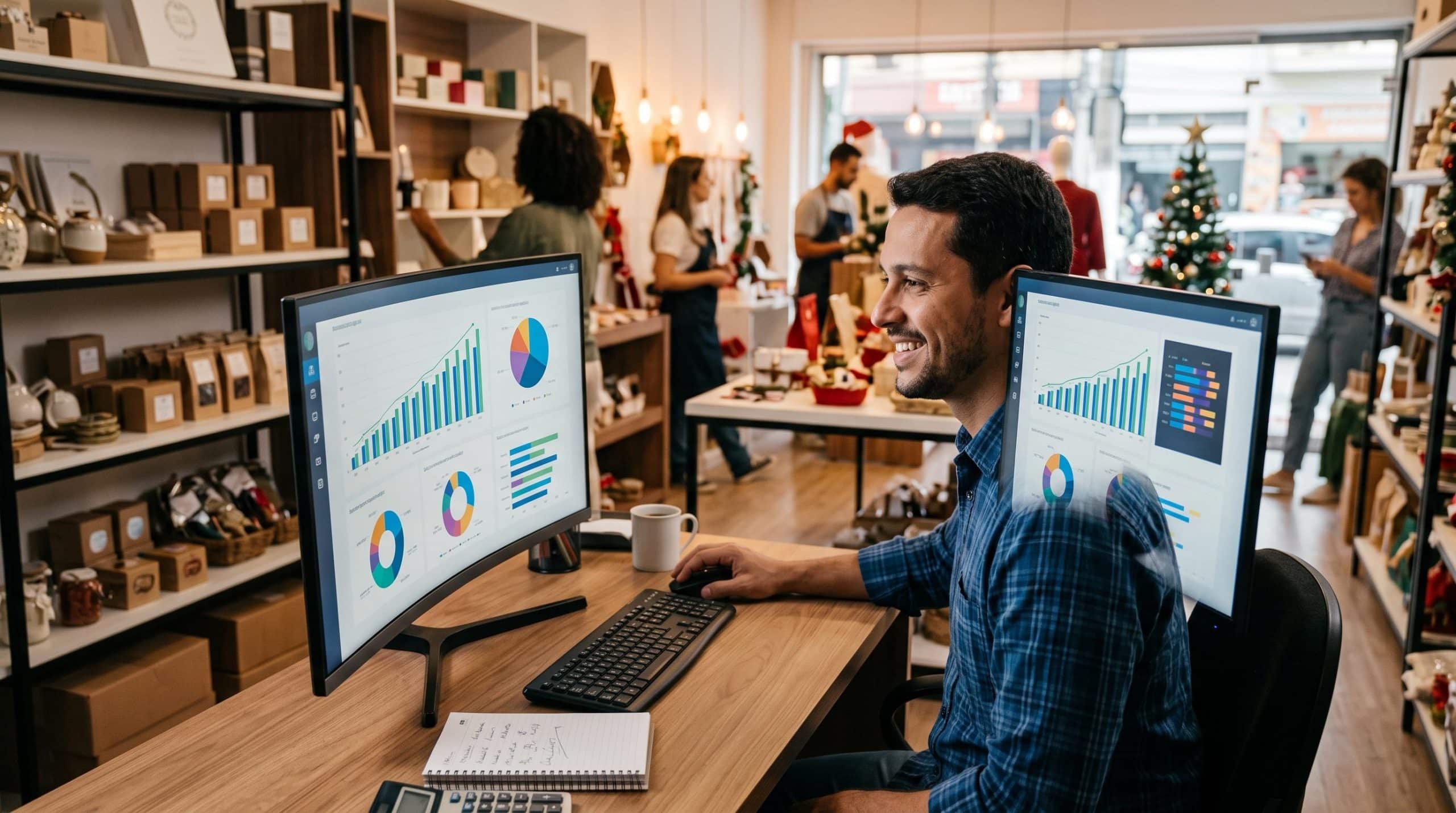 Pequeno empresário analisando relatórios de vendas em um computador durante período de alta temporada, ambiente comercial organizado com gráficos de d