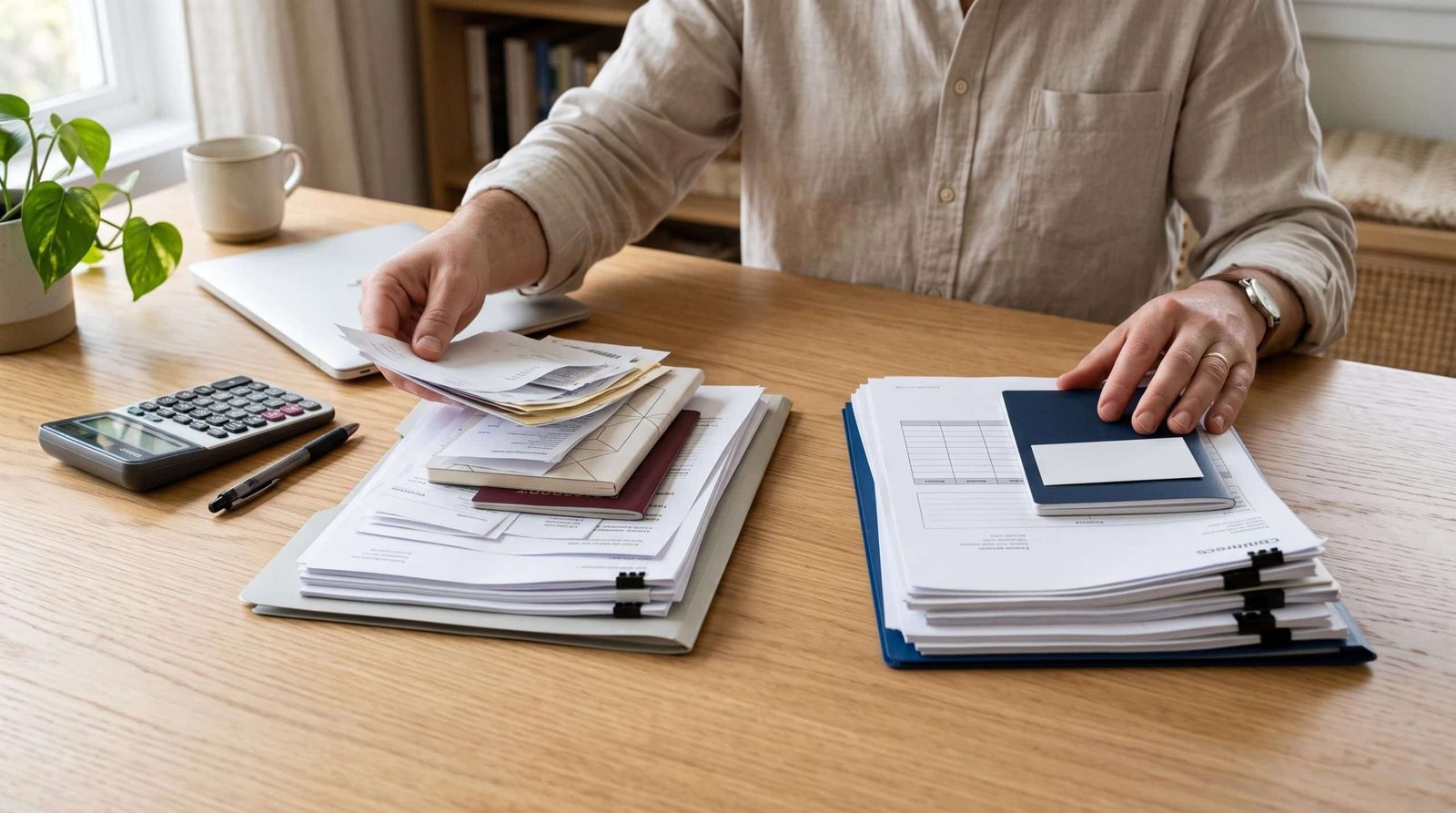 Mãos de uma pessoa separando documentos em duas pilhas distintas sobre uma mesa de trabalho, representando visualmente a divisão entre finanças pessoa