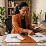 Pessoa empreendedora organizando documentos financeiros separados para uso pessoal e empresarial