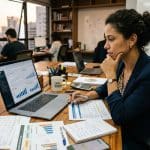 Pessoa empreendedora analisando gráficos financeiros do negócio em um tablet sobre uma mesa de trabalho
