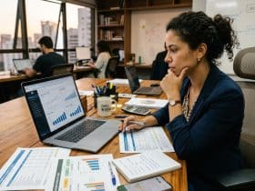 Pessoa empreendedora analisando gráficos financeiros do negócio em um tablet sobre uma mesa de trabalho