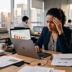 Pessoa empreendedora analisando gráficos de crescimento de vendas em um notebook sobre mesa de escritório