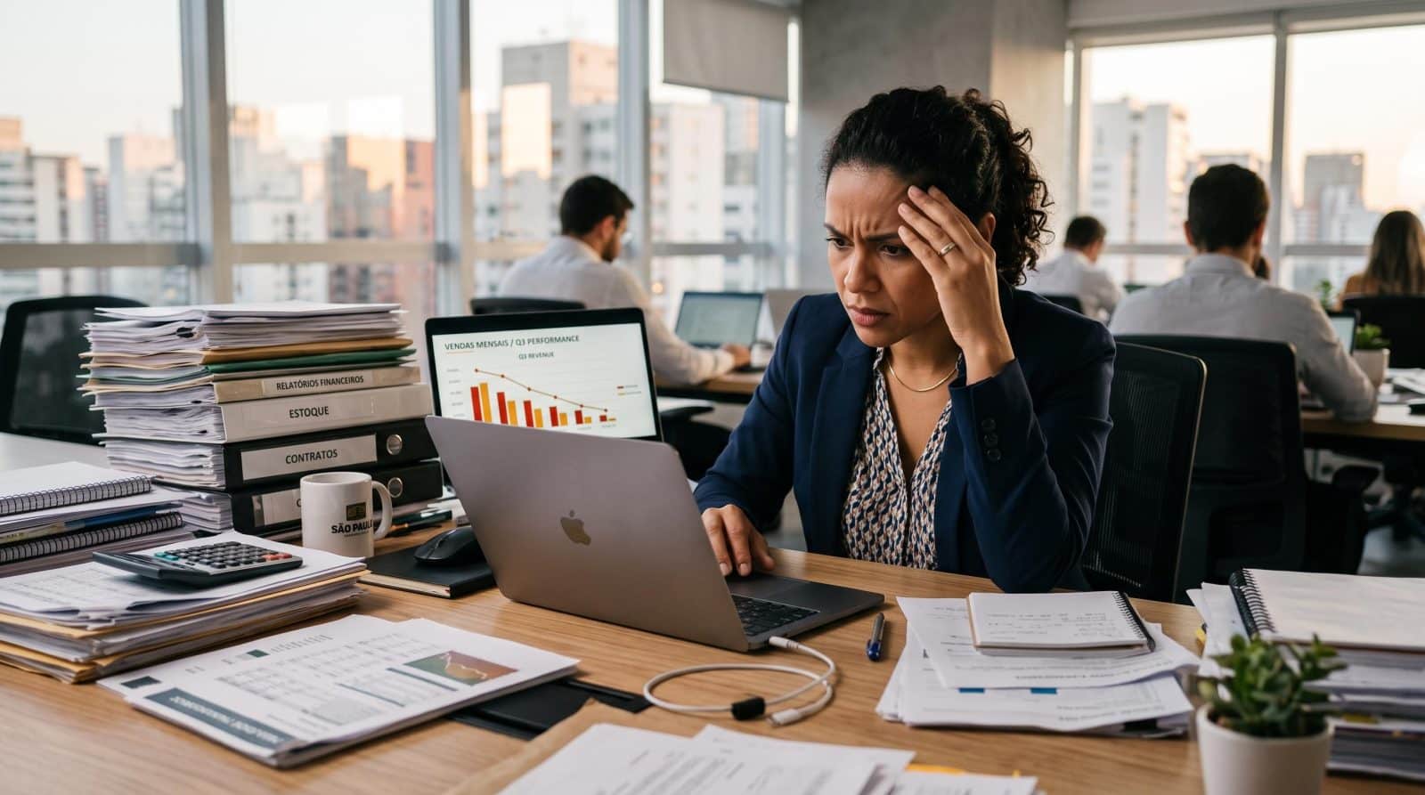 Pessoa empreendedora analisando gráficos de crescimento de vendas em um notebook sobre mesa de escritório