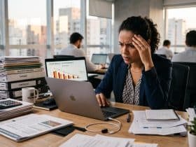 Pessoa empreendedora analisando gráficos de crescimento de vendas em um notebook sobre mesa de escritório