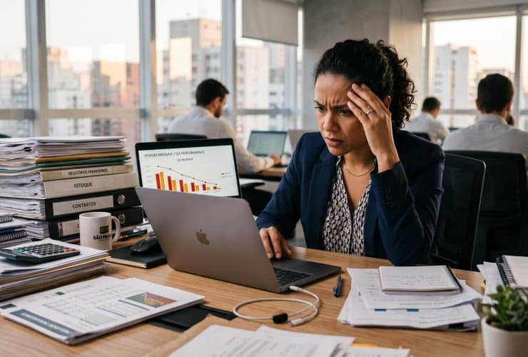 Pessoa empreendedora analisando gráficos de crescimento de vendas em um notebook sobre mesa de escritório